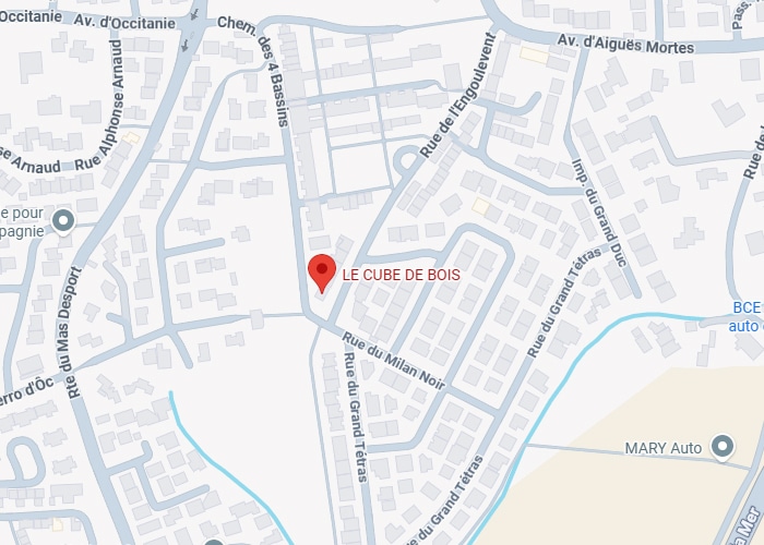Carte localisant "LE CUBE DE BOIS" près de la Rue du Grand Tétras, la Rue du Milan Noir et l'Av. d'Occitanie.