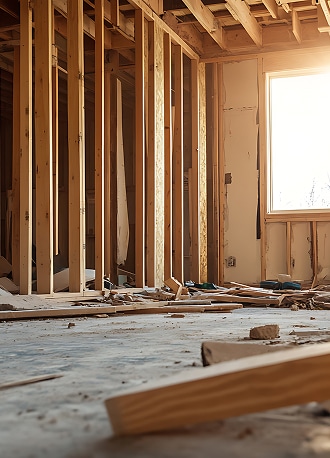 Rénovation Maison : Charpente Bois et Chantier Intérieur en cours de rénovation avec charpente en bois apparente, débris et planches sur un sol brut près d'une fenêtre baignée de lumière.
